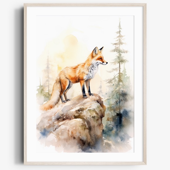 Other - Watercolor Floral Red Fox Portrait Wall Art Illustration Print Poster Unframed